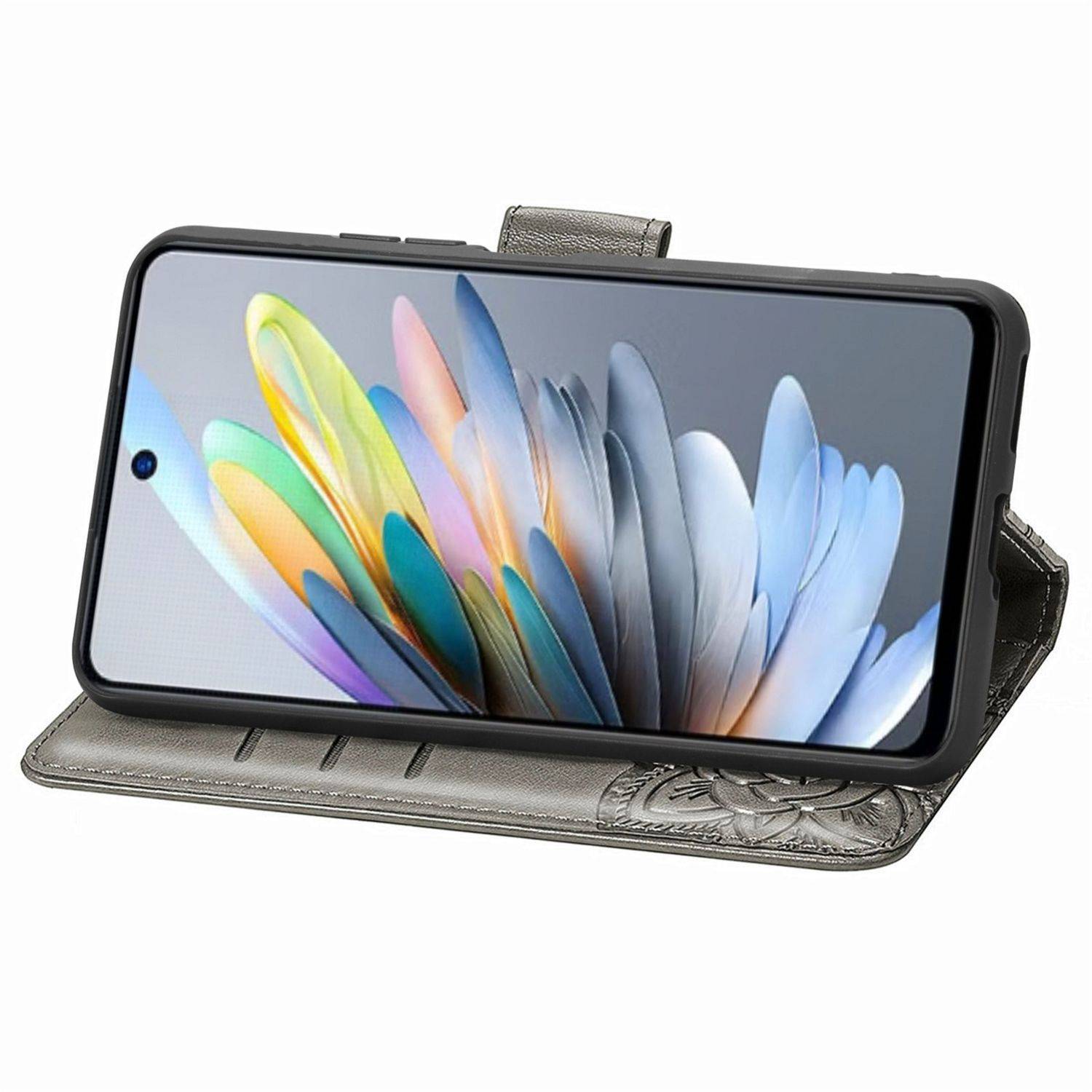 Für ZTE Blade A75 4G Kunstleder Wallet Handy Tasche Schmetterling Design Hülle Etuis Grau
