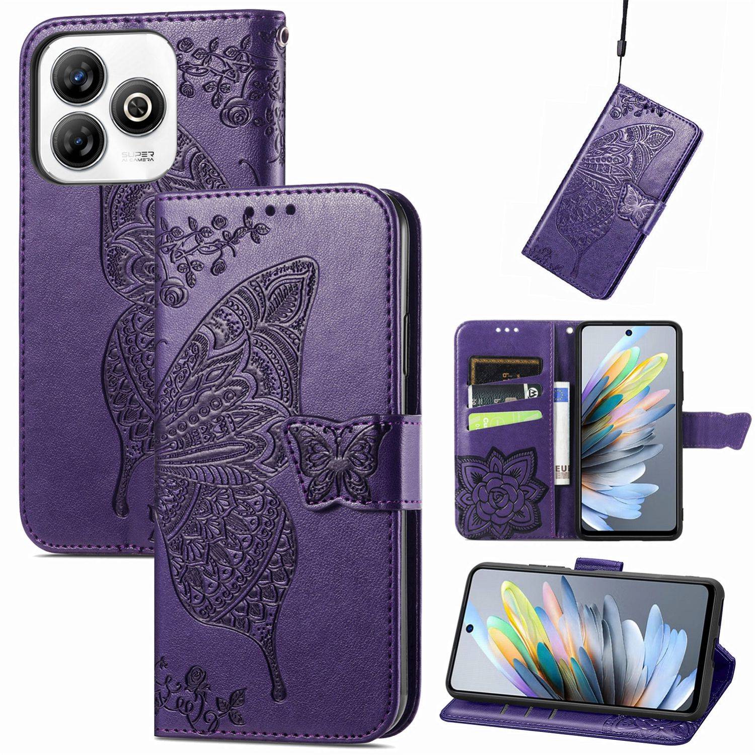 Für ZTE Blade A75 4G Kunstleder Wallet Handy Tasche Schmetterling Design Hülle Etuis Lila