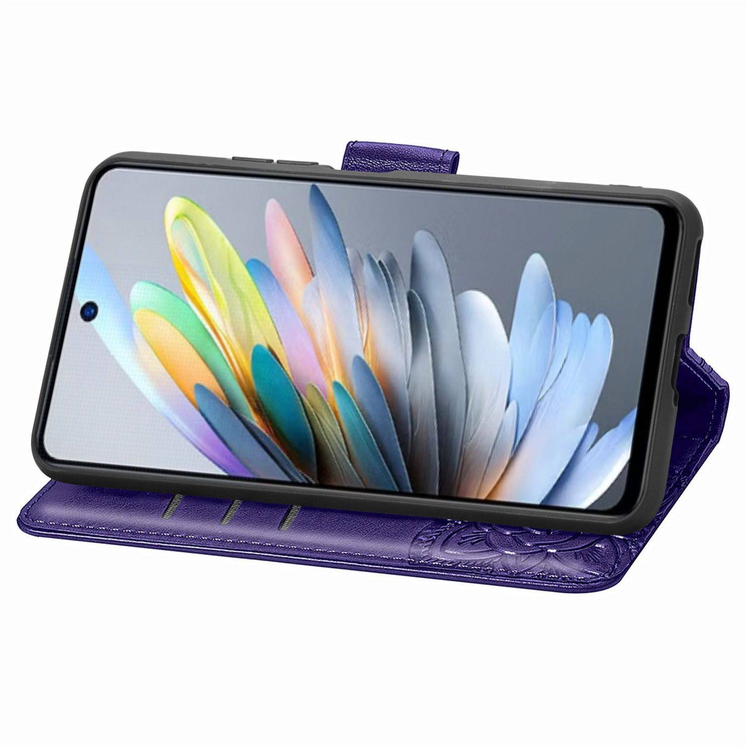 Für ZTE Blade A75 4G Kunstleder Wallet Handy Tasche Schmetterling Design Hülle Etuis Lila