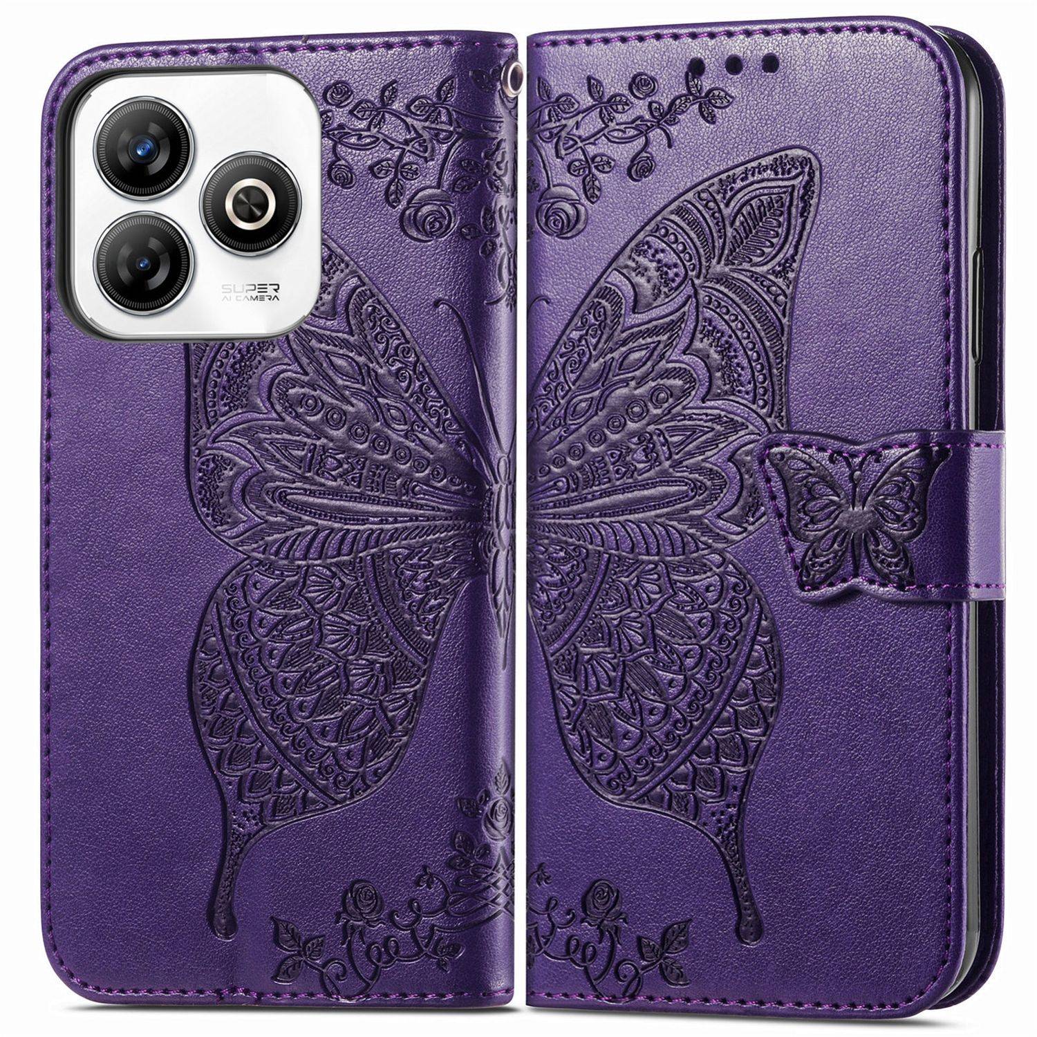 Für ZTE Blade A75 4G Kunstleder Wallet Handy Tasche Schmetterling Design Hülle Etuis Lila