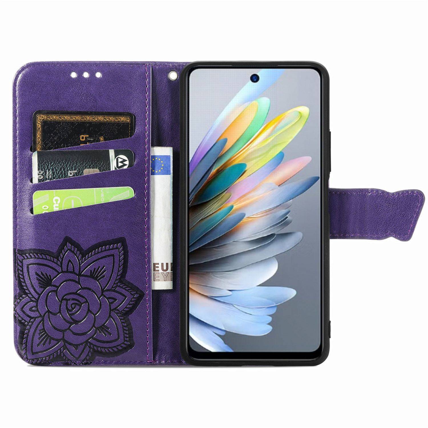 Für ZTE Blade A75 4G Kunstleder Wallet Handy Tasche Schmetterling Design Hülle Etuis Lila