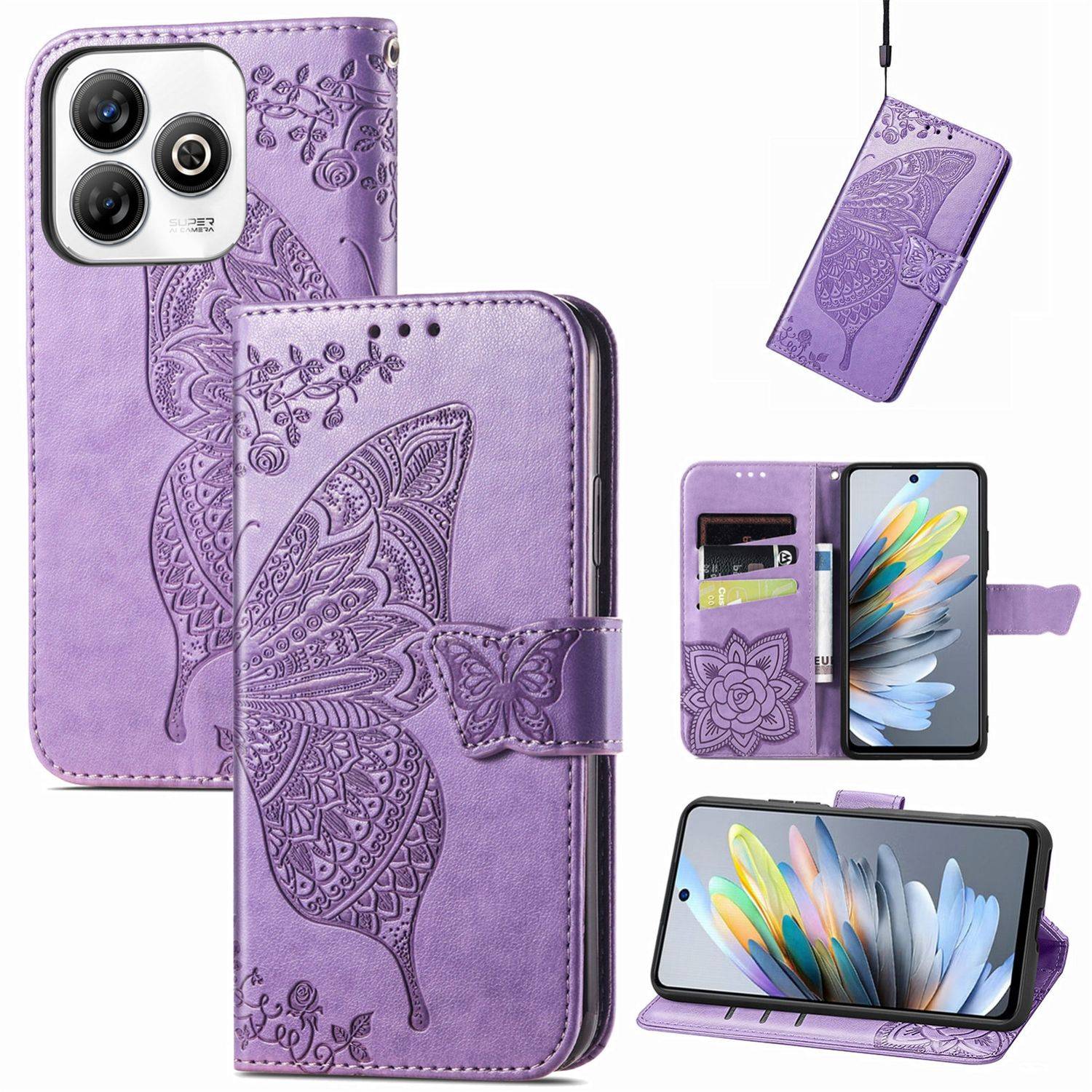 Für ZTE Blade A75 4G Kunstleder Wallet Handy Tasche Schmetterling Design Hülle Etuis Hell-Lila