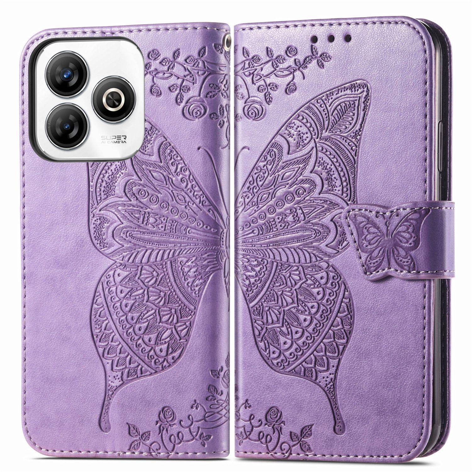 Für ZTE Blade A75 4G Kunstleder Wallet Handy Tasche Schmetterling Design Hülle Etuis Hell-Lila
