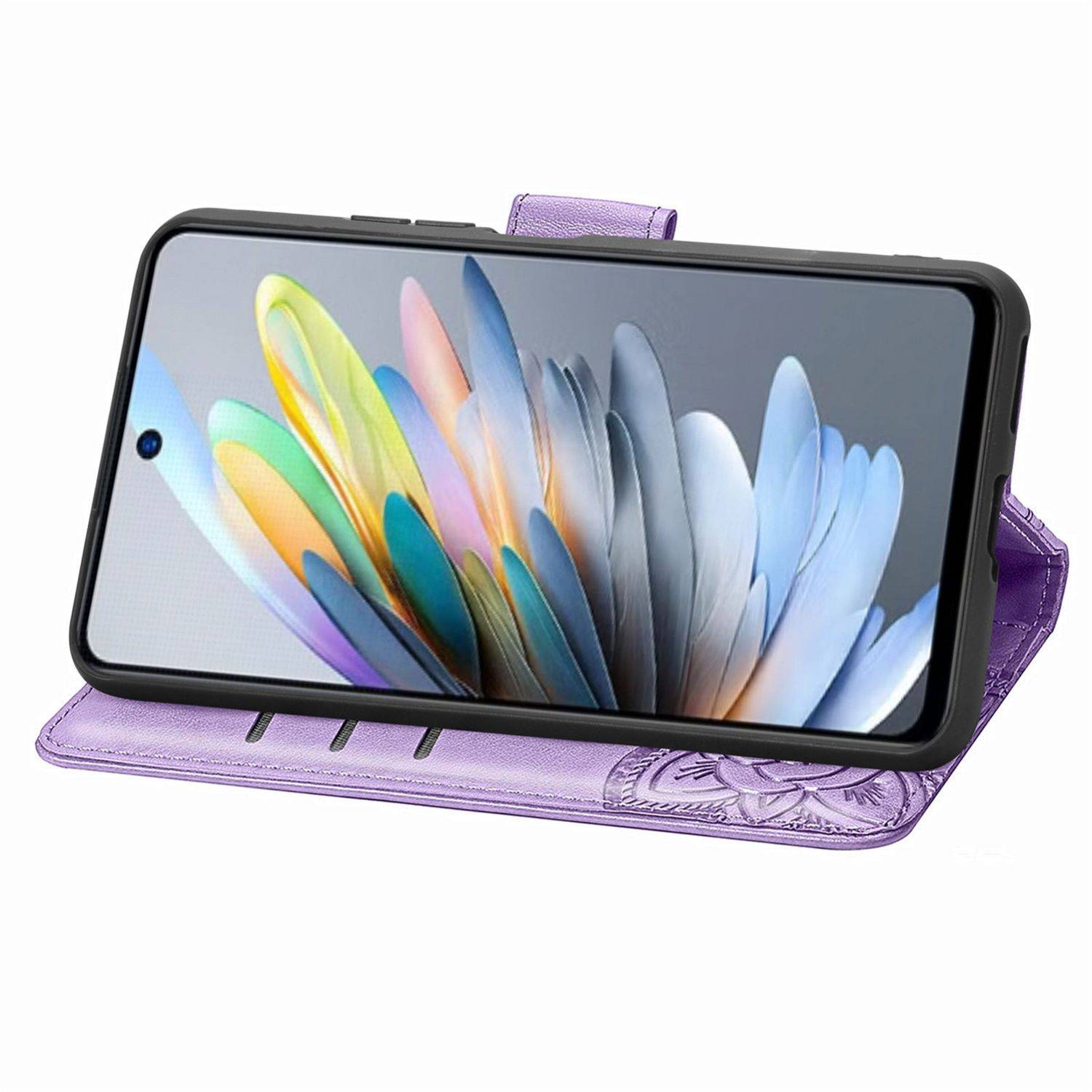 Für ZTE Blade A75 4G Kunstleder Wallet Handy Tasche Schmetterling Design Hülle Etuis Hell-Lila