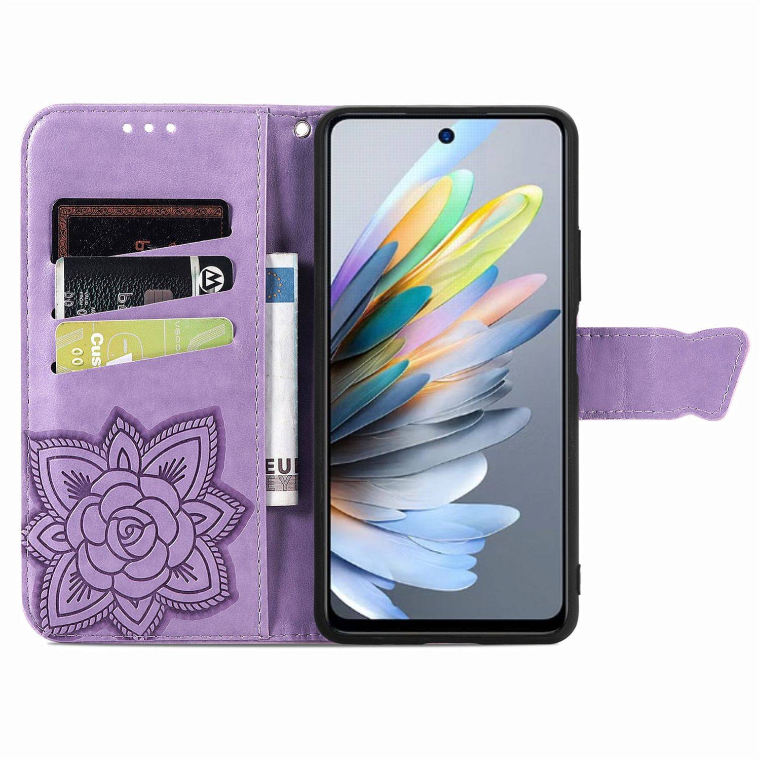 Für ZTE Blade A75 4G Kunstleder Wallet Handy Tasche Schmetterling Design Hülle Etuis Hell-Lila