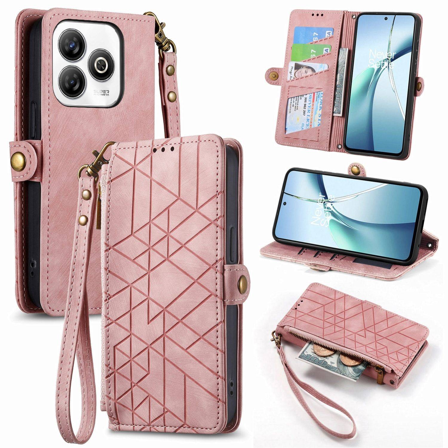 Für ZTE Blade A75 4G Geometric Design Kunstleder Zipper Book Wallet Tasche mit Schlaufe Rosa