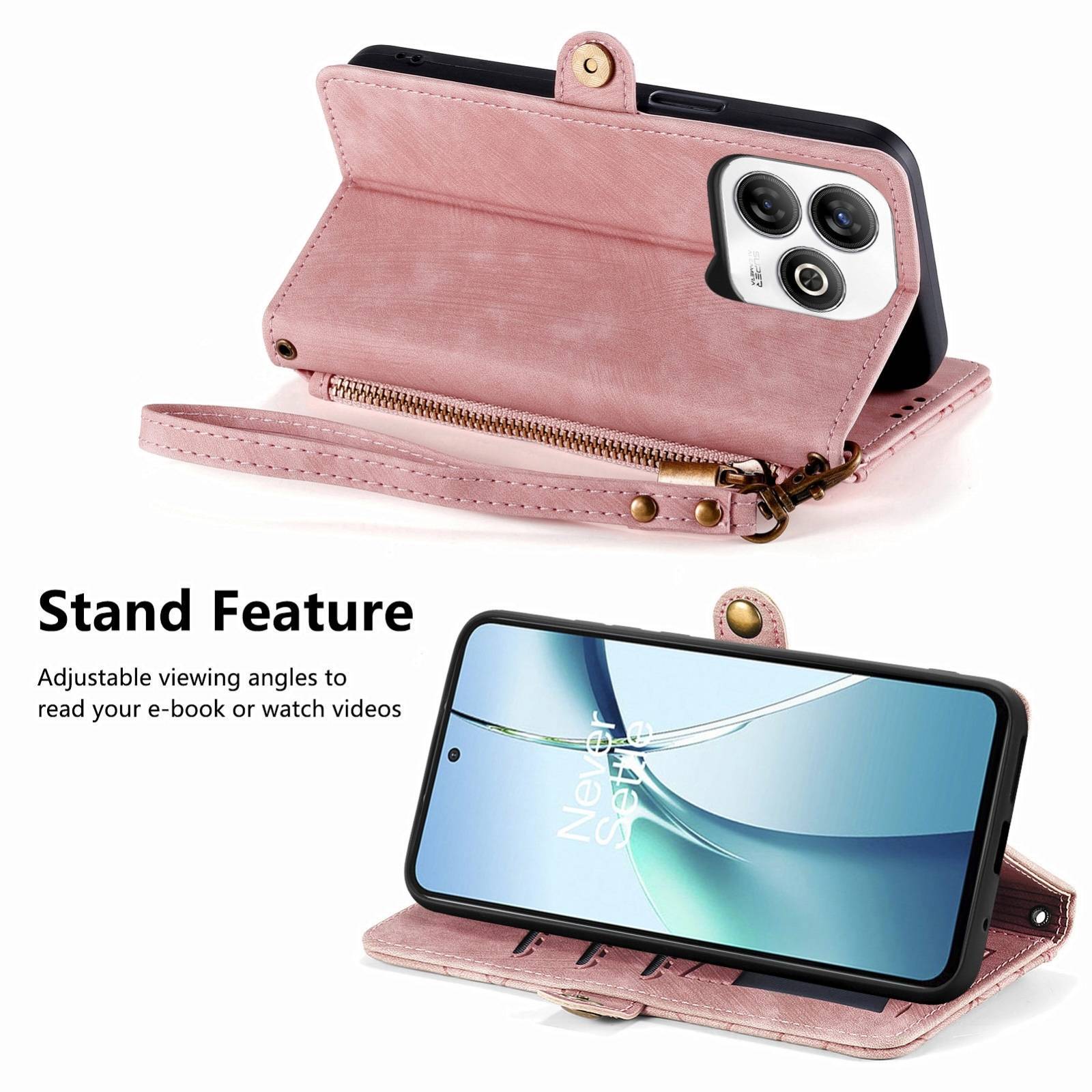 Für ZTE Blade A75 4G Geometric Design Kunstleder Zipper Book Wallet Tasche mit Schlaufe Rosa