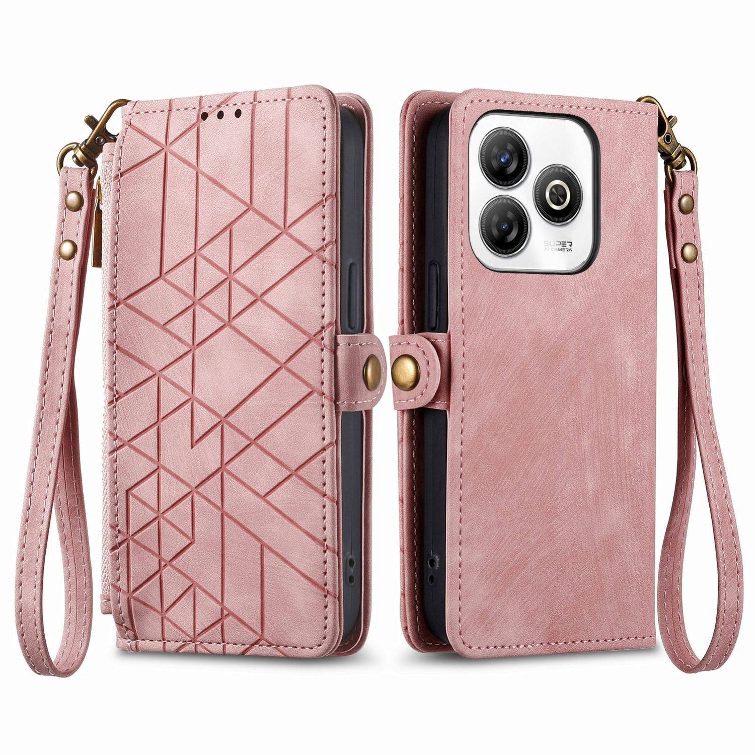 Für ZTE Blade A75 4G Geometric Design Kunstleder Zipper Book Wallet Tasche mit Schlaufe Rosa