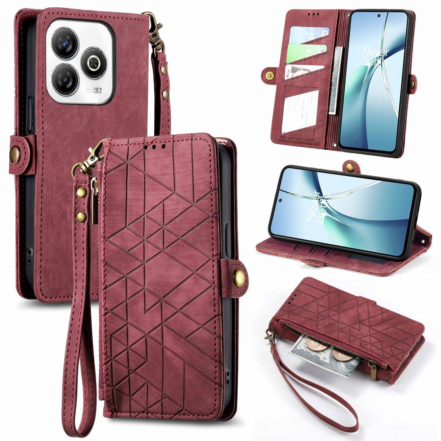 Für ZTE Blade A75 4G Geometric Design Kunstleder Zipper Book Wallet Tasche mit Schlaufe Rot