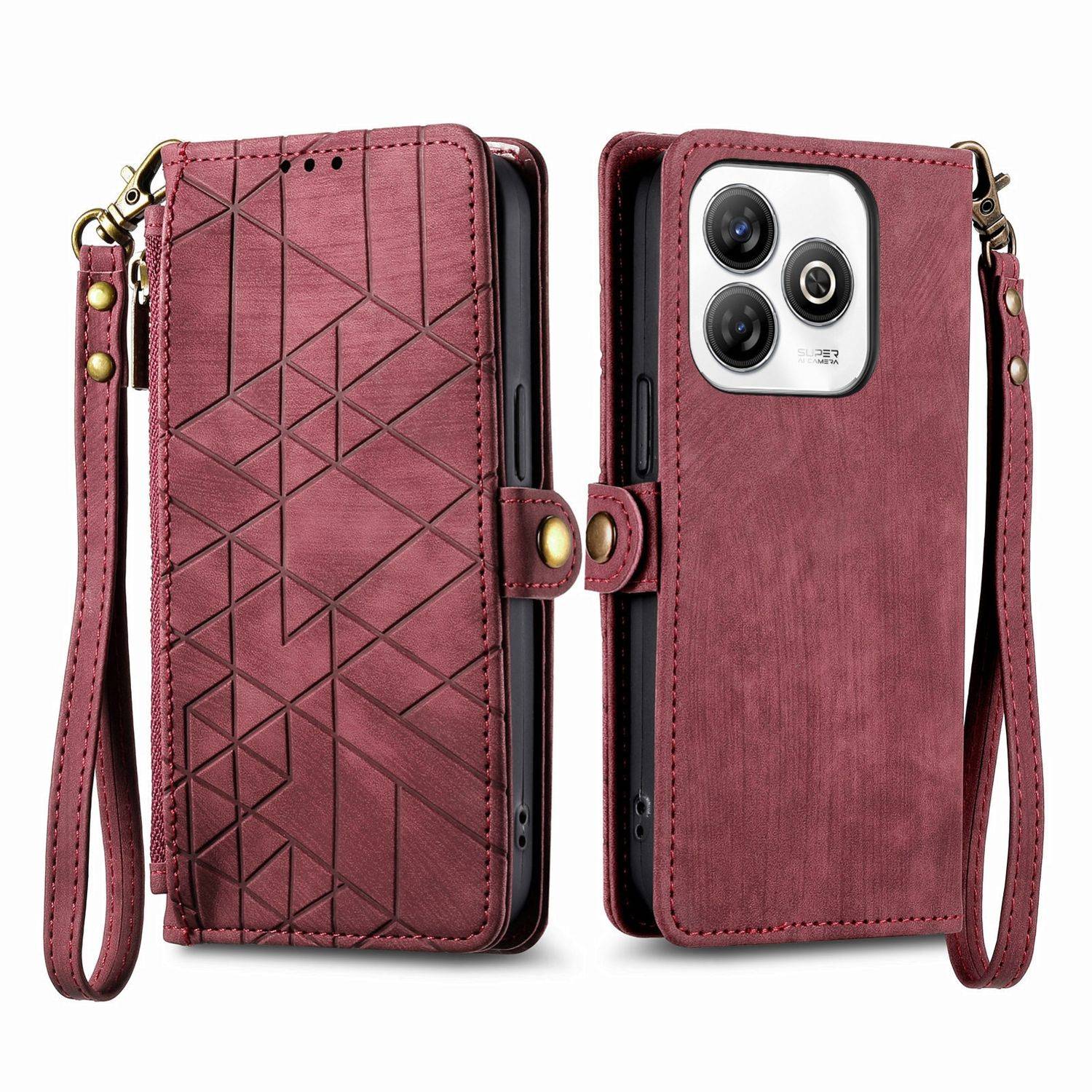 Für ZTE Blade A75 4G Geometric Design Kunstleder Zipper Book Wallet Tasche mit Schlaufe Rot