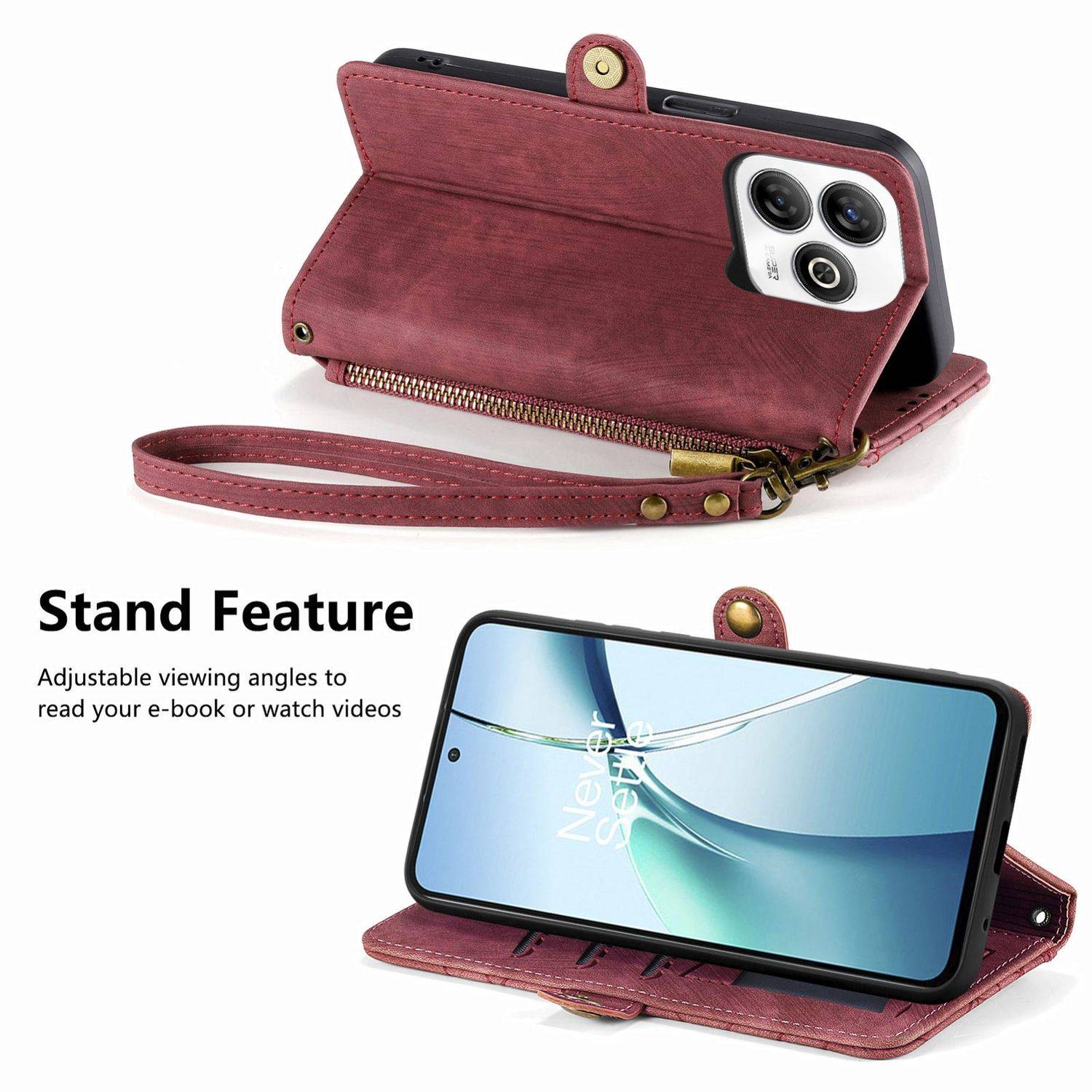 Für ZTE Blade A75 4G Geometric Design Kunstleder Zipper Book Wallet Tasche mit Schlaufe Rot
