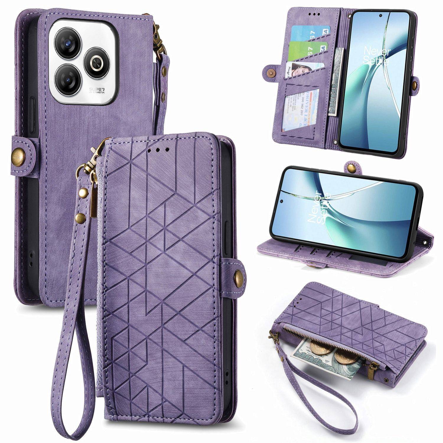 Für ZTE Blade A75 4G Geometric Design Kunstleder Zipper Book Wallet Tasche mit Schlaufe Lila