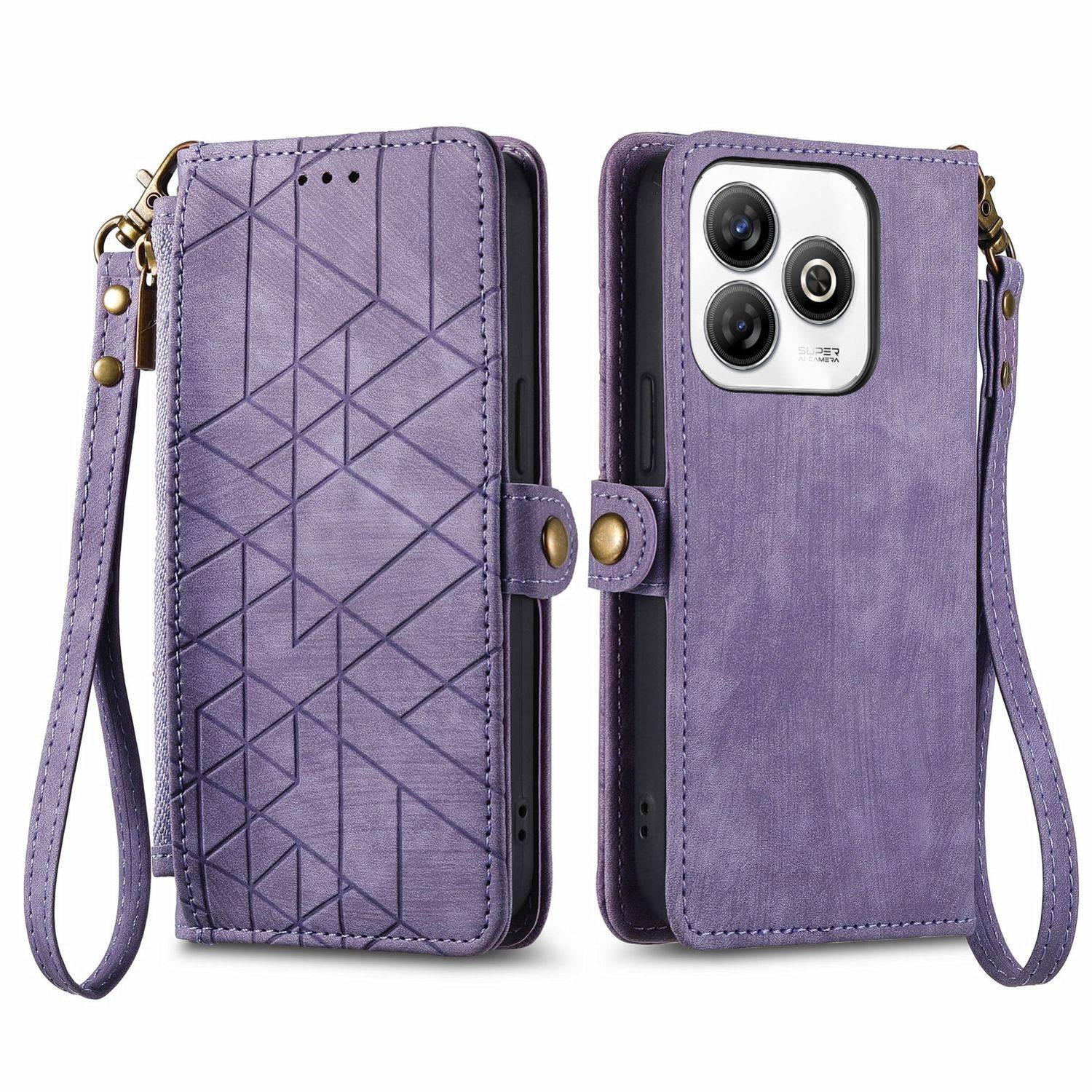 Für ZTE Blade A75 4G Geometric Design Kunstleder Zipper Book Wallet Tasche mit Schlaufe Lila