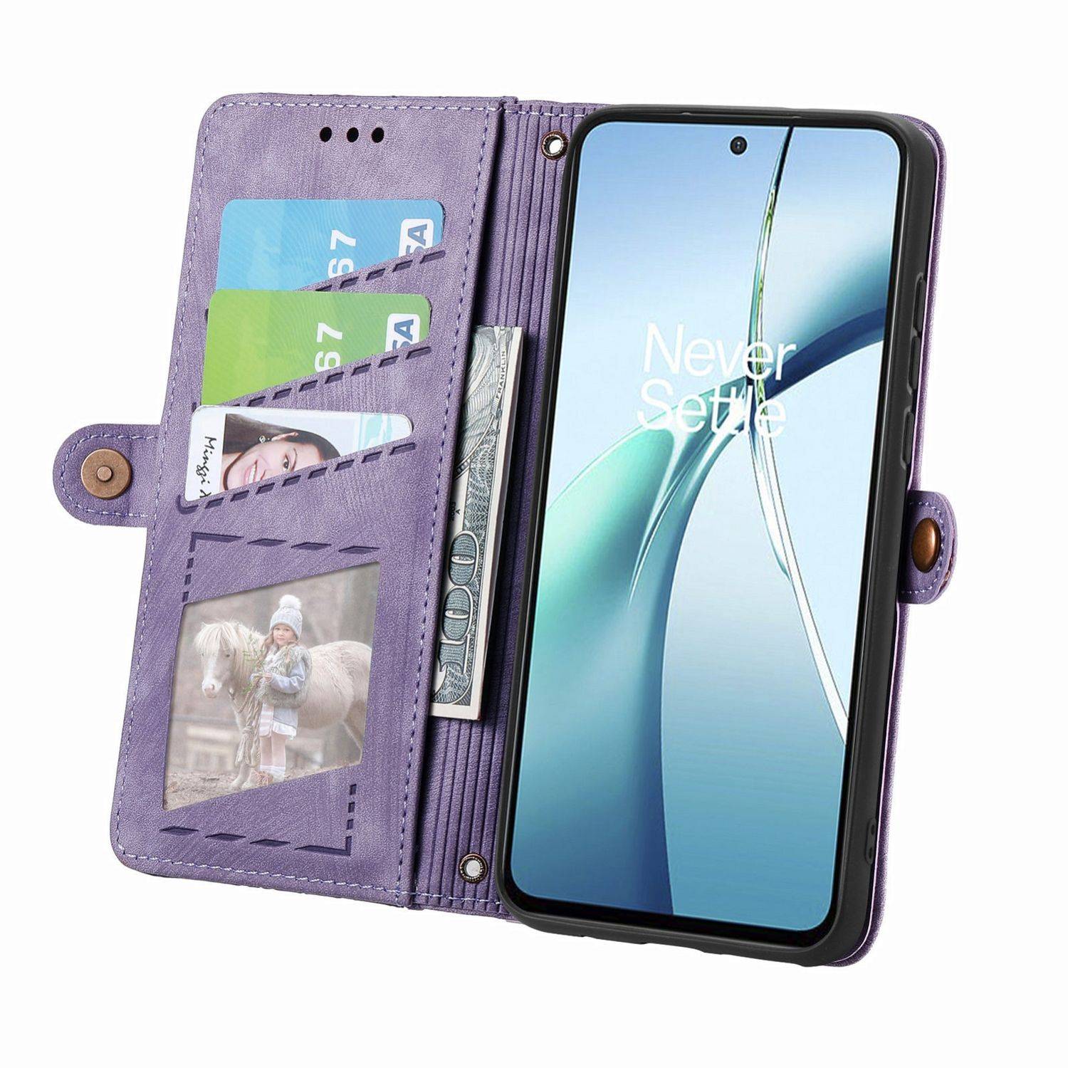 Für ZTE Blade A75 4G Geometric Design Kunstleder Zipper Book Wallet Tasche mit Schlaufe Lila
