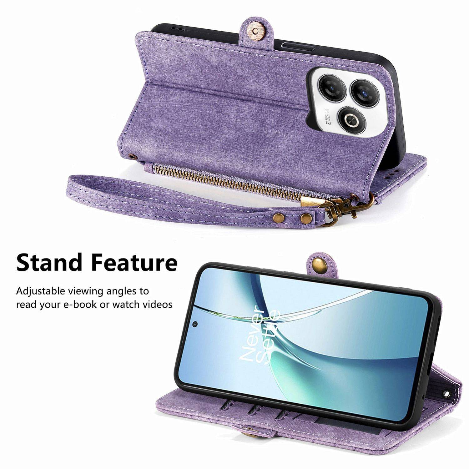 Für ZTE Blade A75 4G Geometric Design Kunstleder Zipper Book Wallet Tasche mit Schlaufe Lila