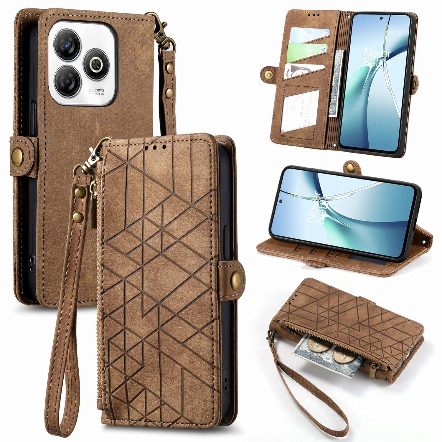 Für ZTE Blade A75 4G Geometric Design Kunstleder Zipper Book Wallet Tasche mit Schlaufe Braun