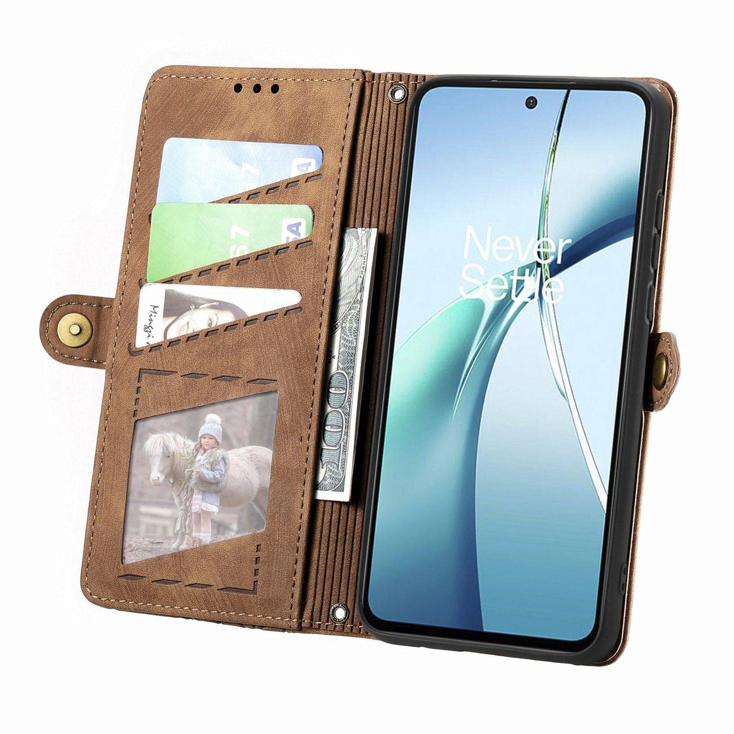 Für ZTE Blade A75 4G Geometric Design Kunstleder Zipper Book Wallet Tasche mit Schlaufe Braun