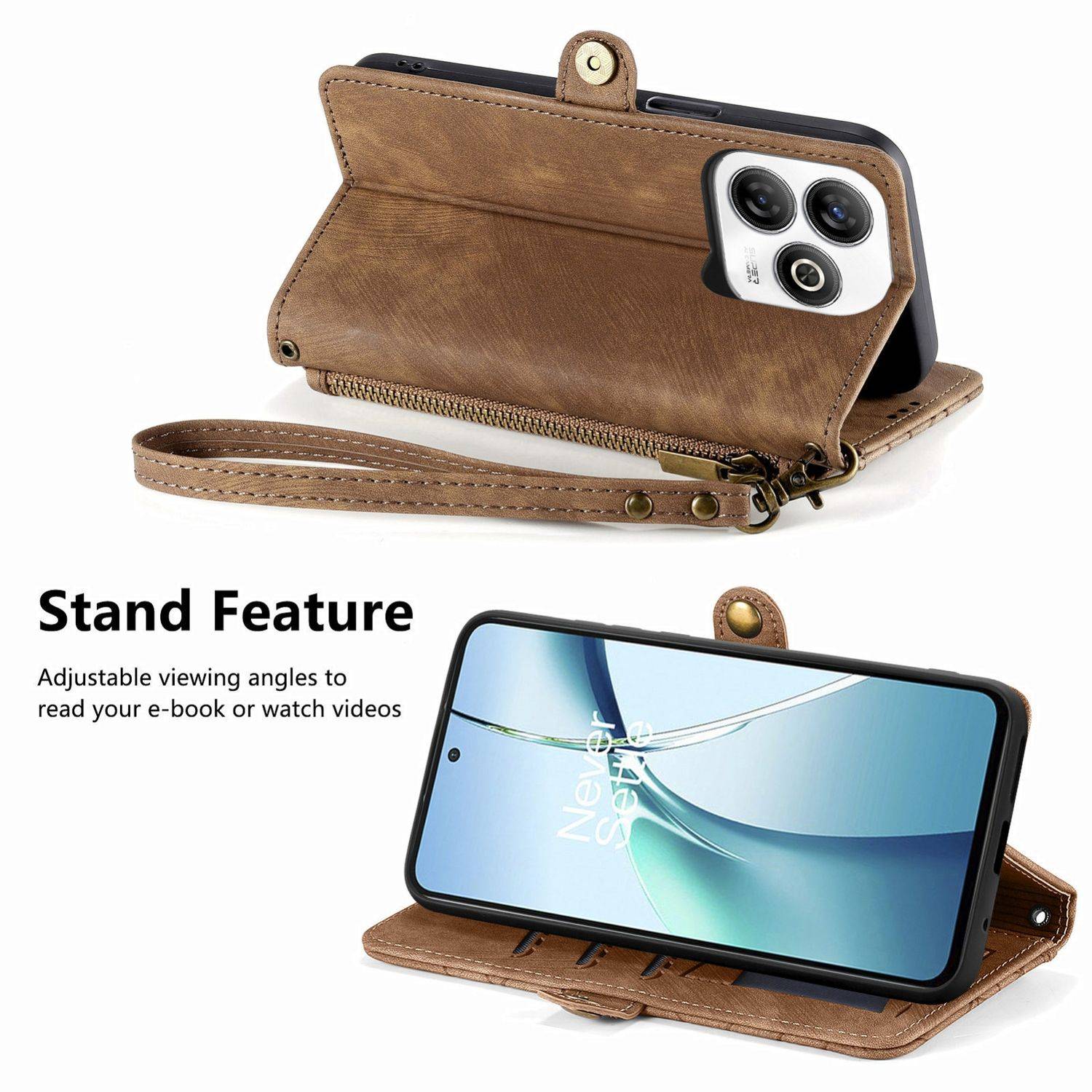 Für ZTE Blade A75 4G Geometric Design Kunstleder Zipper Book Wallet Tasche mit Schlaufe Braun