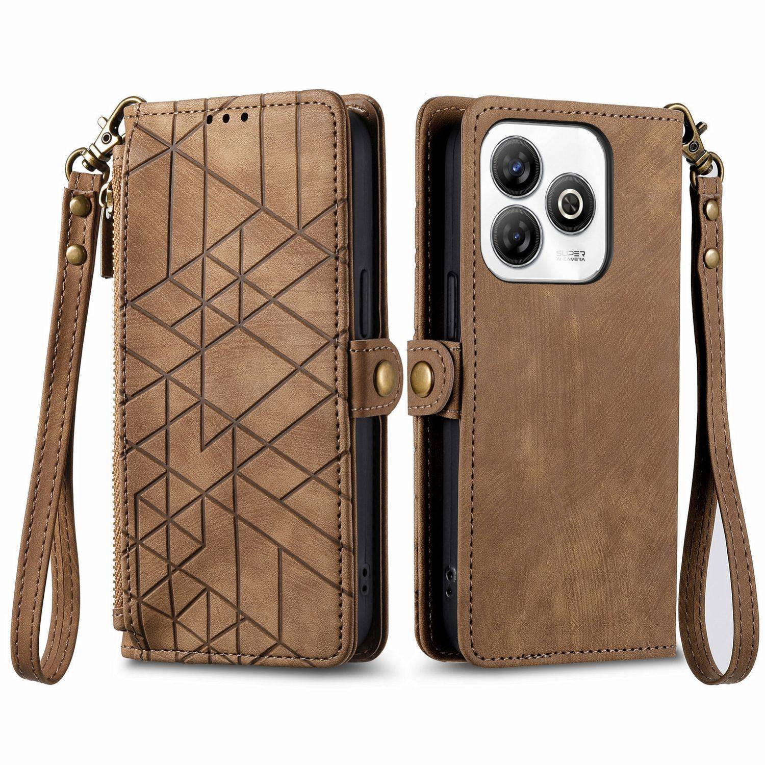 Für ZTE Blade A75 4G Geometric Design Kunstleder Zipper Book Wallet Tasche mit Schlaufe Braun