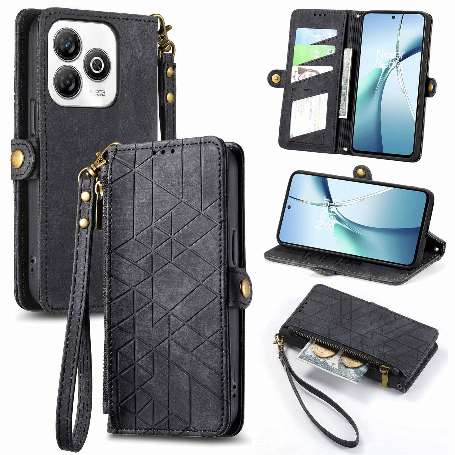 Für ZTE Blade A75 4G Geometric Design Kunstleder Zipper Book Wallet Tasche mit Schlaufe Schwarz