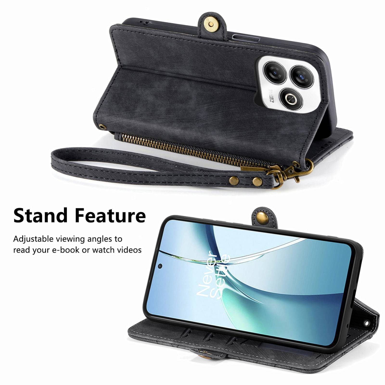 Für ZTE Blade A75 4G Geometric Design Kunstleder Zipper Book Wallet Tasche mit Schlaufe Schwarz