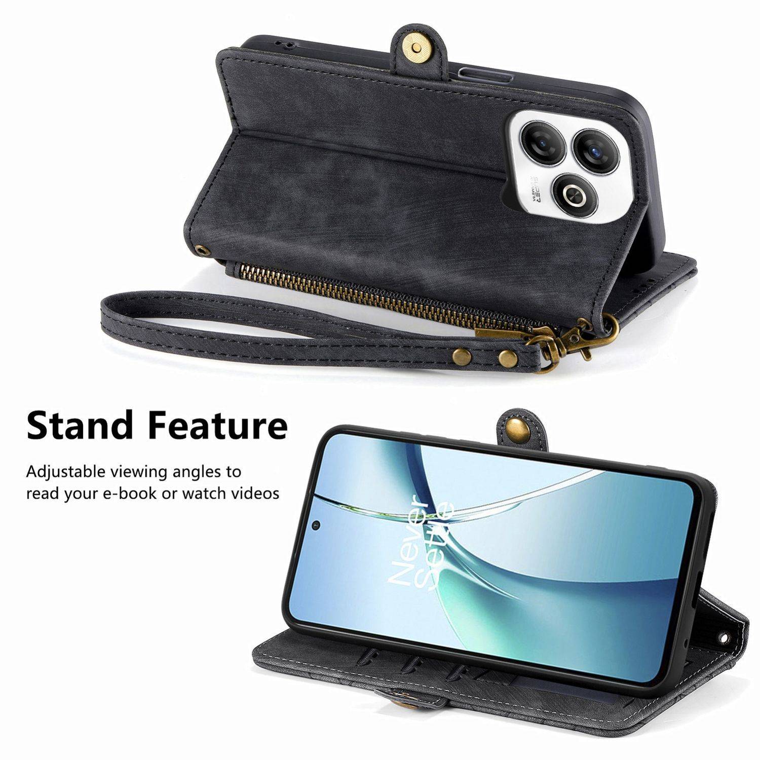 Für ZTE Blade A75 4G Geometric Design Kunstleder Zipper Book Wallet Tasche mit Schlaufe Schwarz