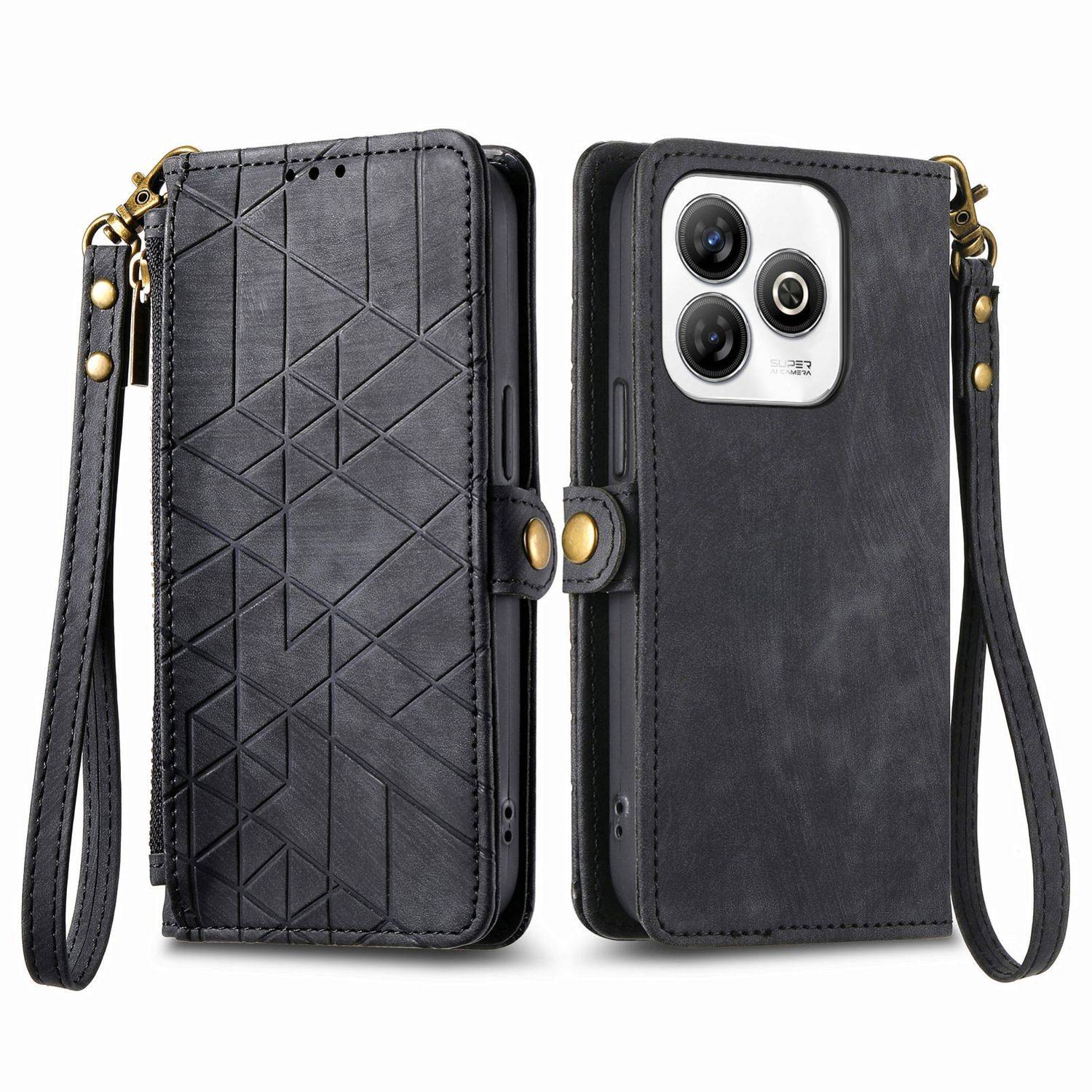 Für ZTE Blade A75 4G Geometric Design Kunstleder Zipper Book Wallet Tasche mit Schlaufe Schwarz