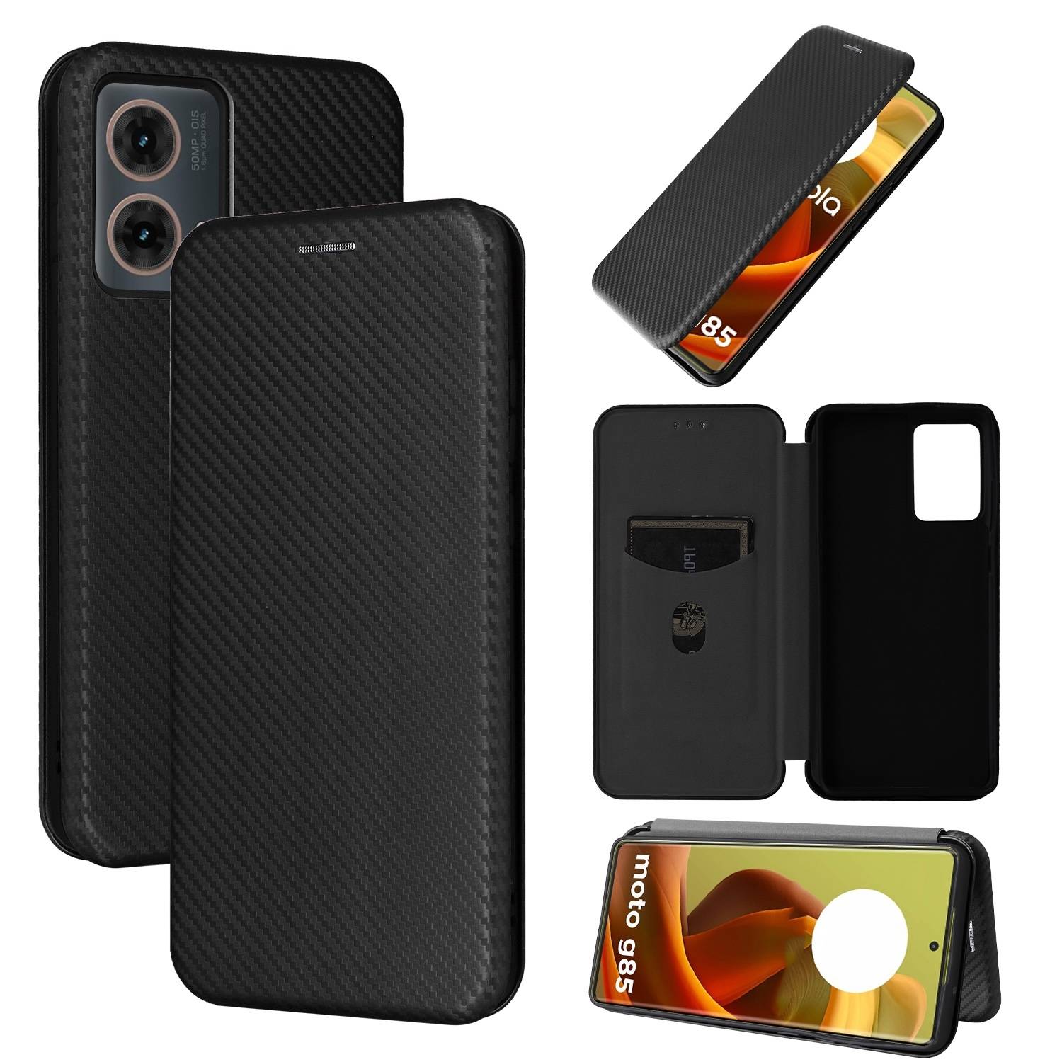 Für Motorola Moto G85 Carbon Faser Textur Hybrid Flip Schutz Handy Hülle Schwarz