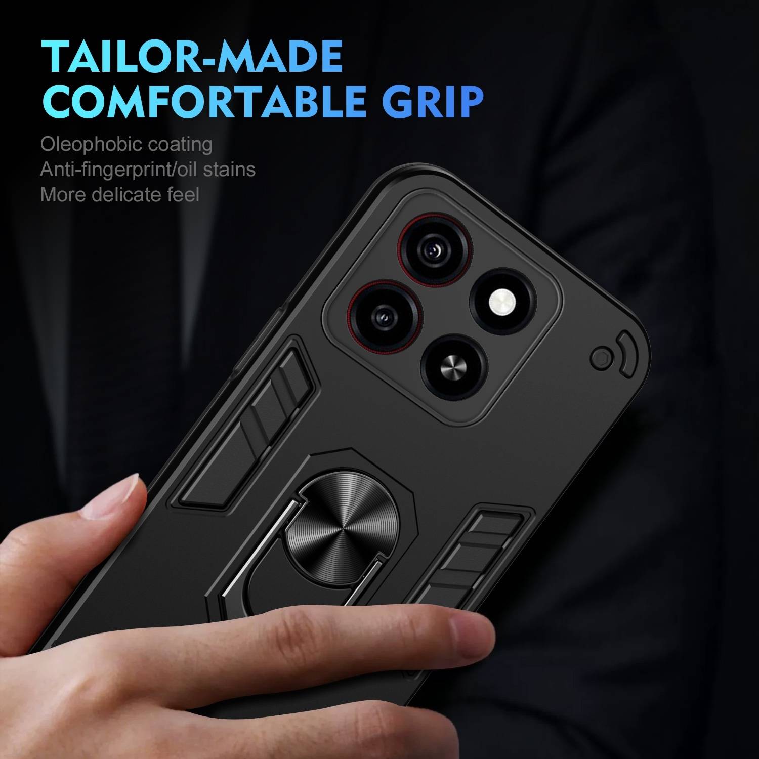 Für ZTE Blade A35 / A55 Armor Magnet Metall Ring PC Schutz Handy Hülle Schwarz