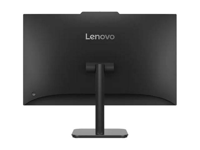 Rückansicht eines Lenovo-Computermonitors mit elegantem, minimalistischem Design und einem Standfuß mit zentraler Stützsäule.