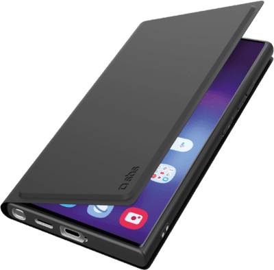 Schwarze Schutzfoliohülle, die ein Smartphone teilweise bedeckt, wobei der Bildschirm und App-Symbole sichtbar sind.