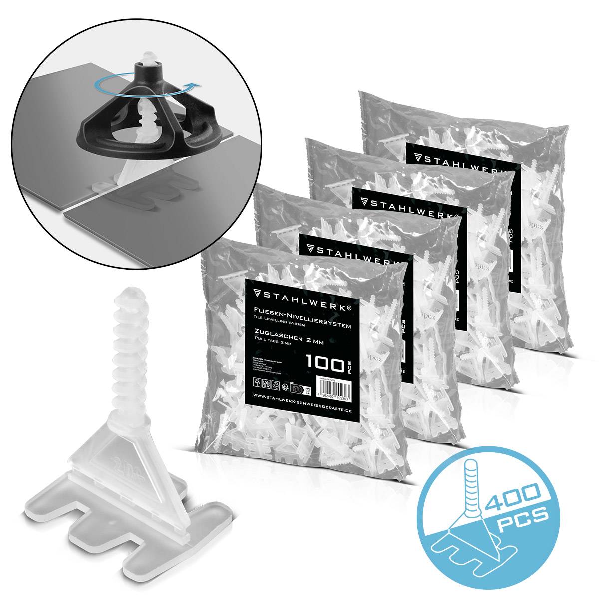 STAHLWERK 2 x Fliesen-Nivellier-System 200-teilig Zuglasche mit Gewinde