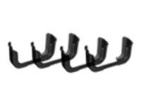 Eine schwarze Geländer mit mehreren gleichmäßig verteilten gekrümmten Haken, möglicherweise zum Organisieren oder Aufbewahren von Gegenständen konzipiert.