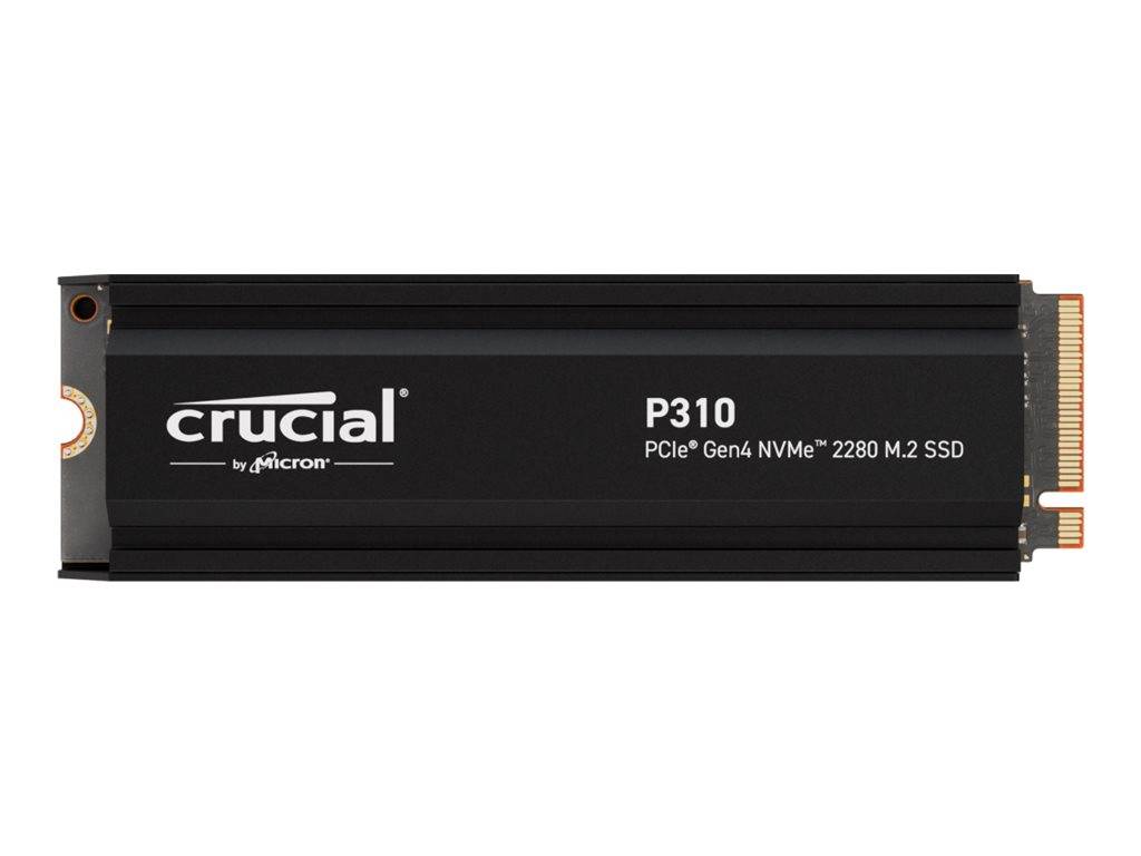 Crucial P310 PCIe Gen4 NVMe 2280 M.2 SSD auf weißem Hintergrund dargestellt.