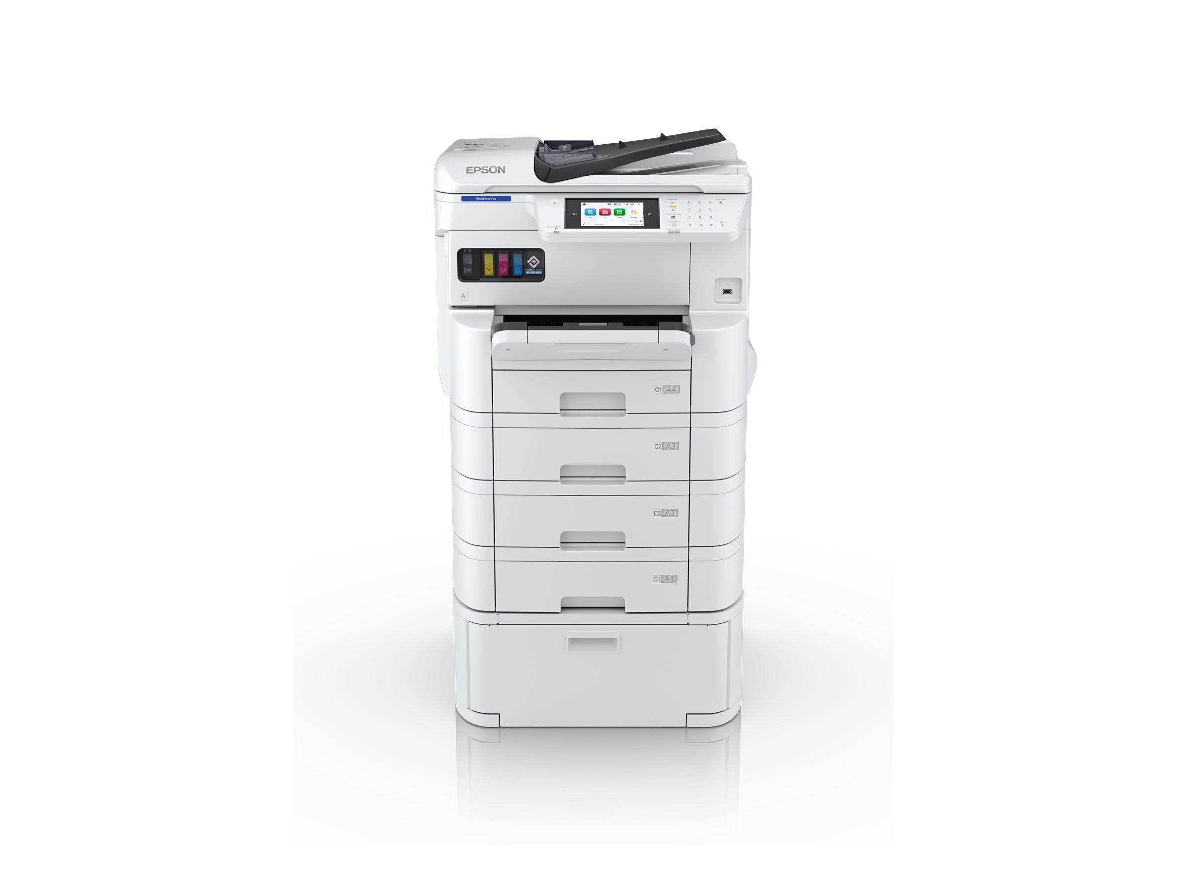 Weißer Multifunktions-Epson-Drucker mit mehreren Papierfächern und Bedienfeld, konzipiert für den Bürogebrauch. Modellnummer umfasst WF-C879R.