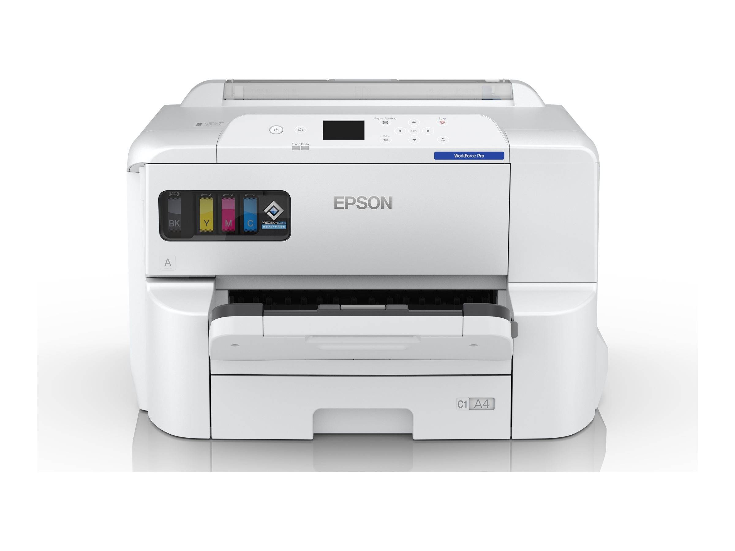 Frontansicht eines weißen Epson EcoTank-Druckers mit sichtbaren farbigen Tintenentanks und Papierausgabefach.