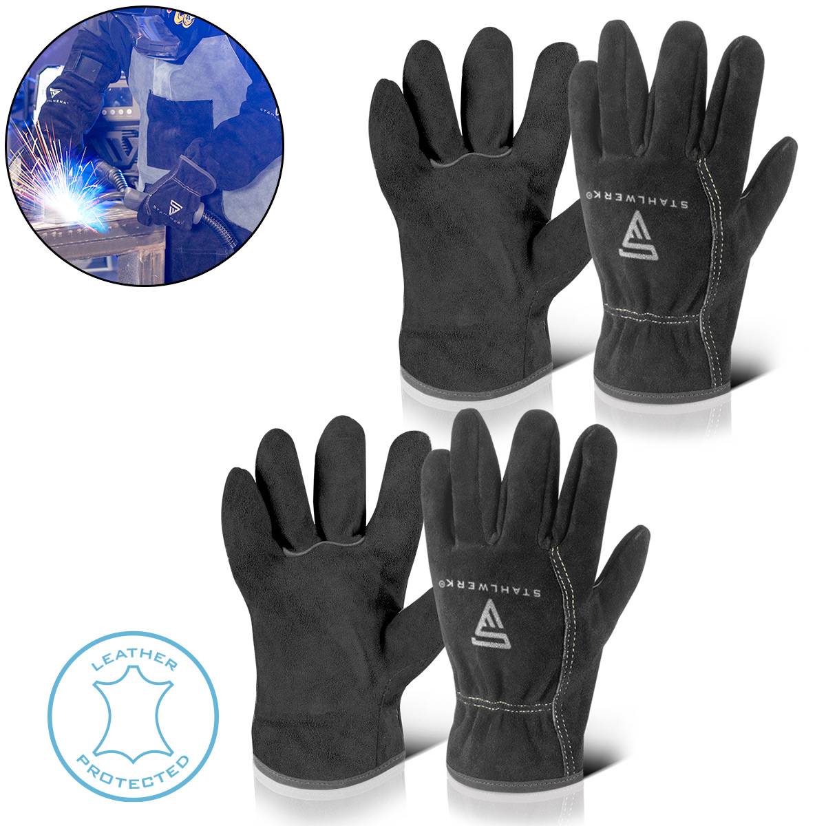 STAHLWERK 2 x Schweißerhandschuhe hitzebeständig aus hochwertigem Spaltleder