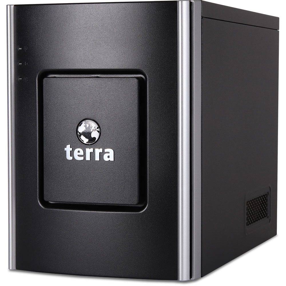 Ein schwarzer Computertower mit dem Logo 'terra' auf der Frontplatte, der ein minimalistisches Design mit cleanen Kanten aufweist.