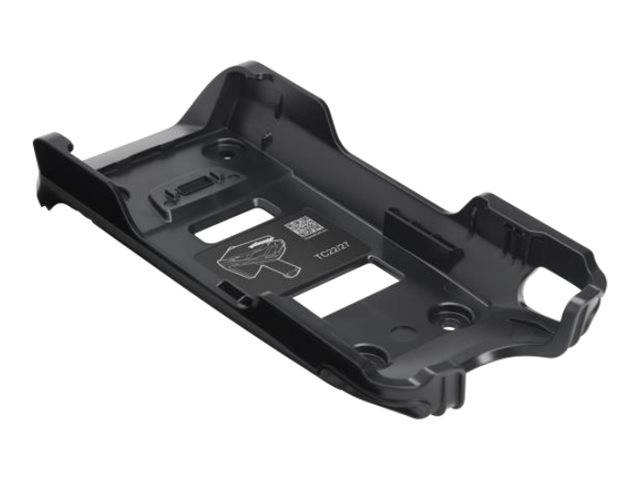 Schwarze Kunststoff-Autotelefonhalterung mit sichtbarem QR-Code und Schlitzdetails.