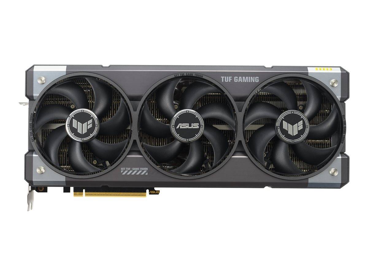 ASUS TUF Gaming Grafikkarte mit drei Kühlungsventilatoren auf einem dunkelgrauen Metallgehäuse, gezeigt vor weißem Hintergrund.