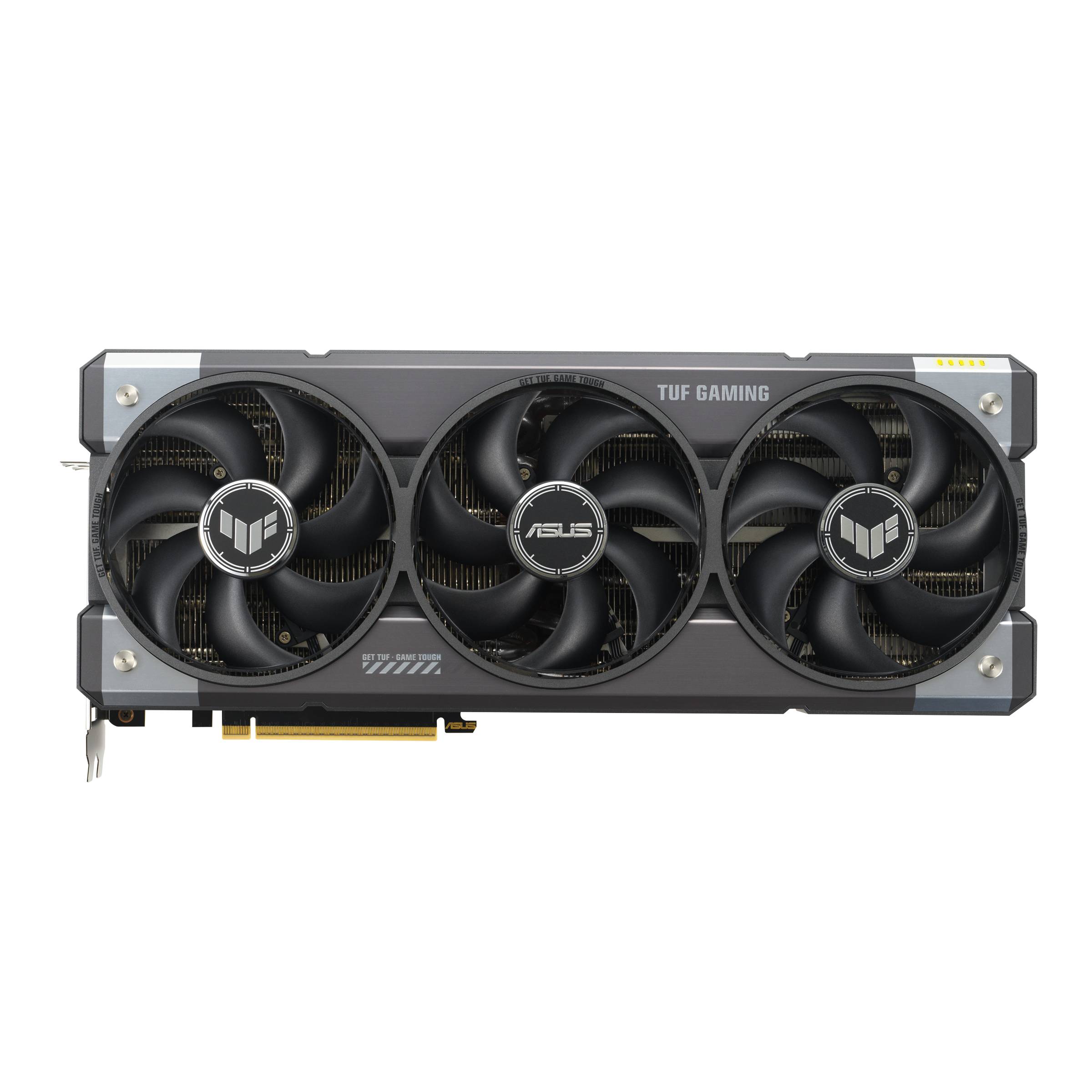 ASUS TUF Gaming Grafikkarte mit drei Kühlventilatoren auf schwarzem Hintergrund, zeigt die Vorderseite der GPU.