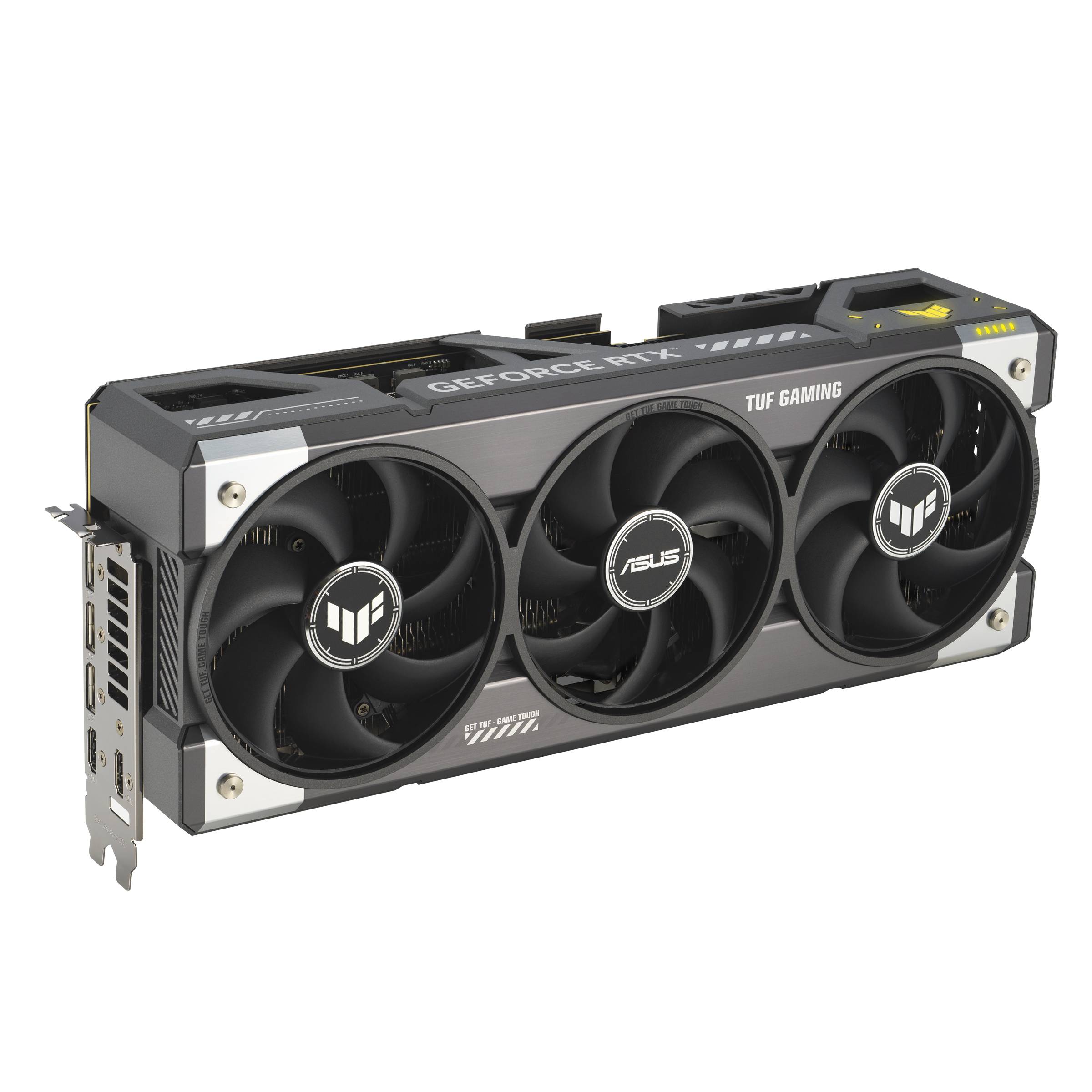 ASUS TUF Gaming GeForce RTX Grafikkarte mit drei Kühlventilatoren, auf schwarzem Hintergrund abgebildet.