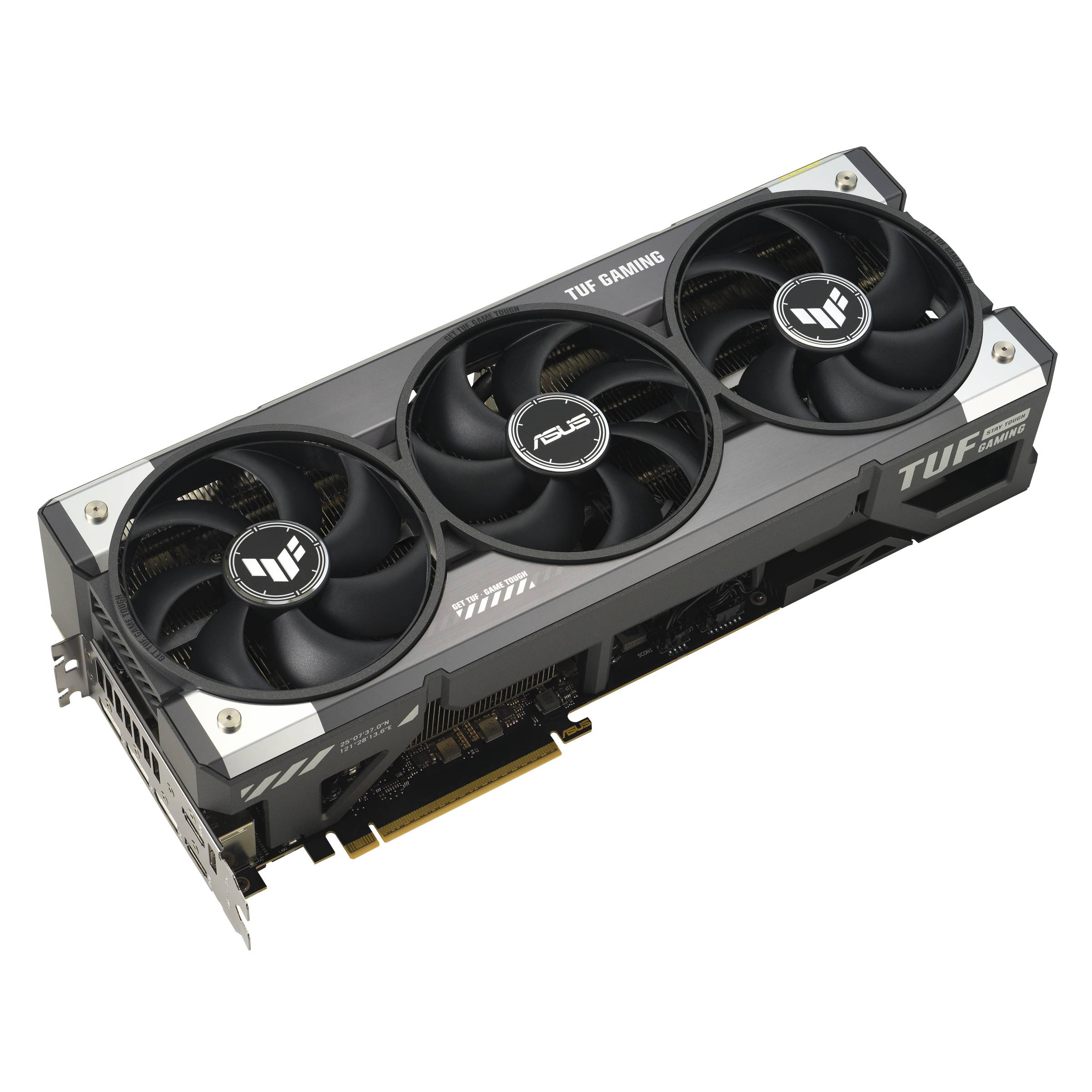 ASUS TUF Gaming Grafikkarte mit drei Kühlventilatoren auf schwarzem Hintergrund.