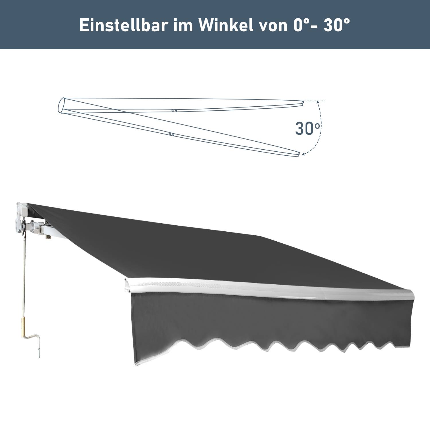 Gelenkarmmarkise PA Beschichtet UV-Schutz mit Handkurbel Markise Sonnenschutz Alu+Polyester für Terasse/Dach Grau 300x250cm