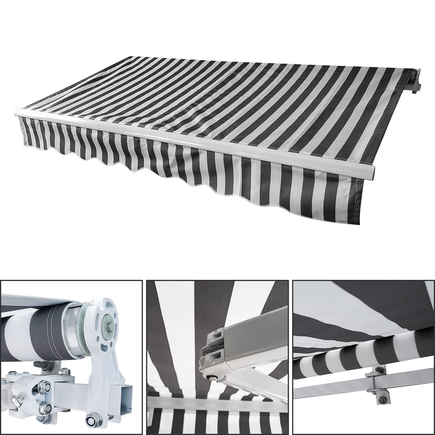 Gelenkarmmarkise PA Beschichtet UV-Schutz mit Handkurbel Markise Sonnenschutz Alu+Polyester für Terasse/Dach Grau&Weiß 350x300cm