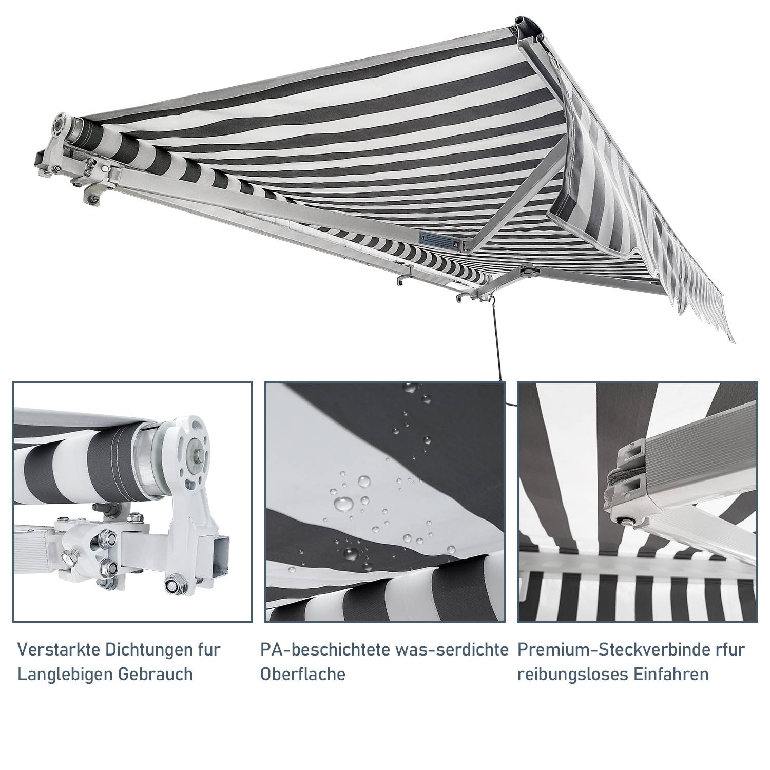 Gelenkarmmarkise PA Beschichtet UV-Schutz mit Handkurbel Markise Sonnenschutz Alu+Polyester für Terasse/Dach Grau&Weiß 350x300cm