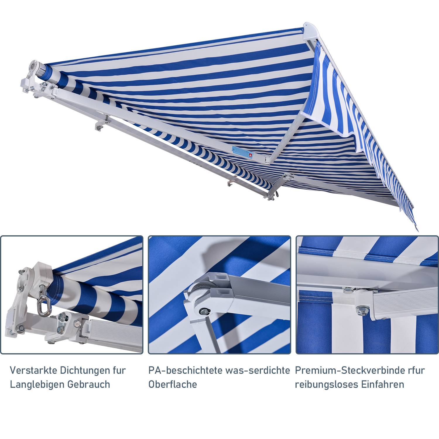 Gelenkarmmarkise PA Beschichtet UV-Schutz mit Handkurbel Markise Sonnenschutz Alu+Polyester für Terasse/Dach Blau&Weiß 350x300cm