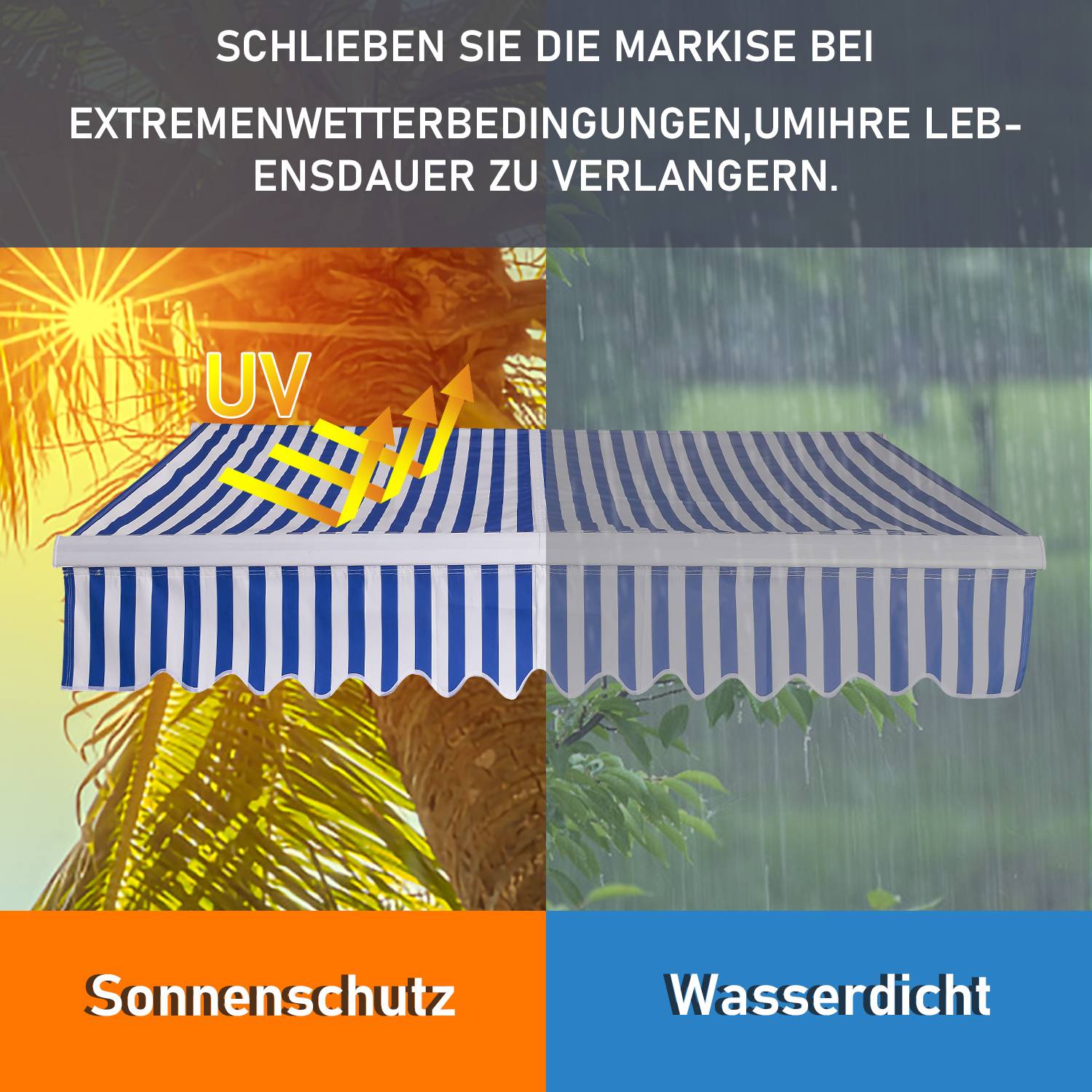 Gelenkarmmarkise PA Beschichtet UV-Schutz mit Handkurbel Markise Sonnenschutz Alu+Polyester für Terasse/Dach Blau&Weiß 350x300cm
