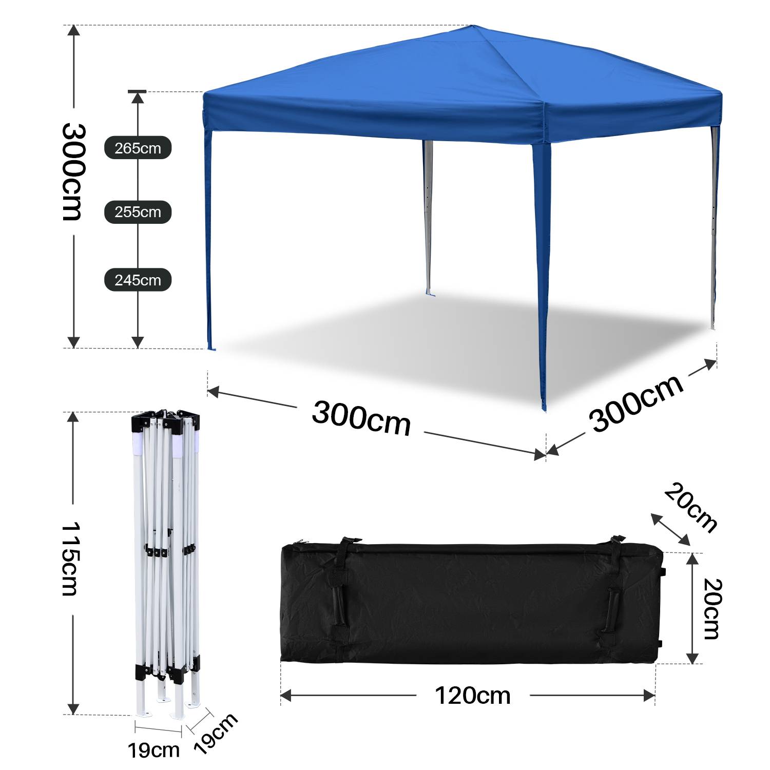 Pavillon Faltpavillon 3x3m Blau Partyzelt UV-Schutz höhenverstellbarer mit Tragetasche, für Outdoor Garten Camping Ohne Seitenwänden