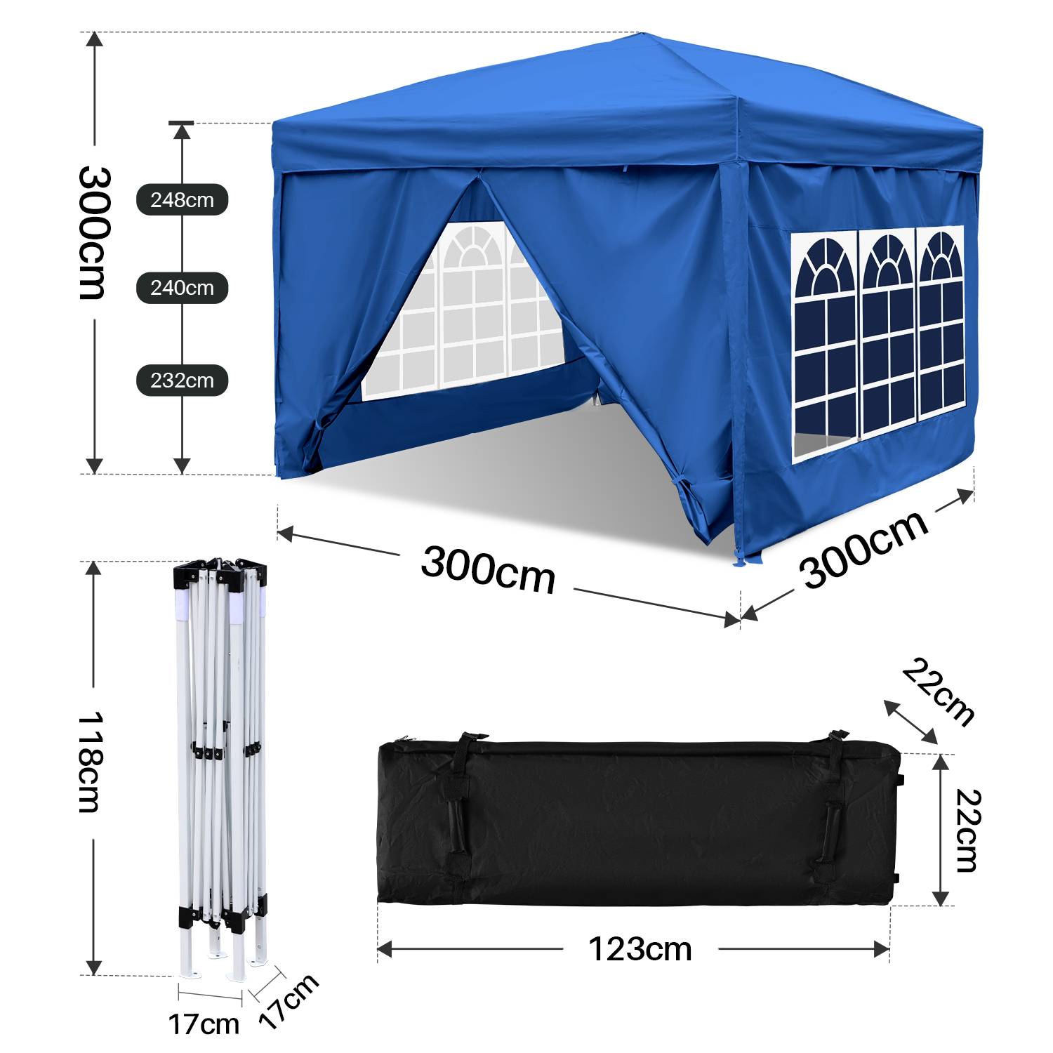 Pavillon Faltpavillon 3x3m Blau mit Seitenwänden Partyzelt UV-Schutz höhenverstellbarer mit Tragetasche, für Outdoor Garten Camping
